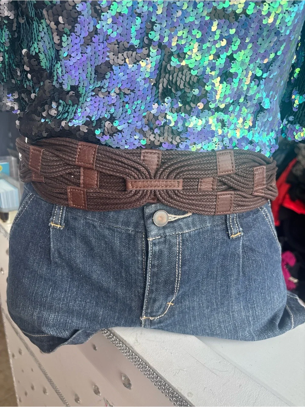 Vintage Y2K Braided Brown Elastic Waist Belt for Women - Stretch Casual Style
